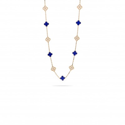 VAN CLEEF ARPELS 18K YELLOW GOLD DIAMOND LAPIS 20 MOTIFS VINTAGE ALHAMBRA NECKLACE 